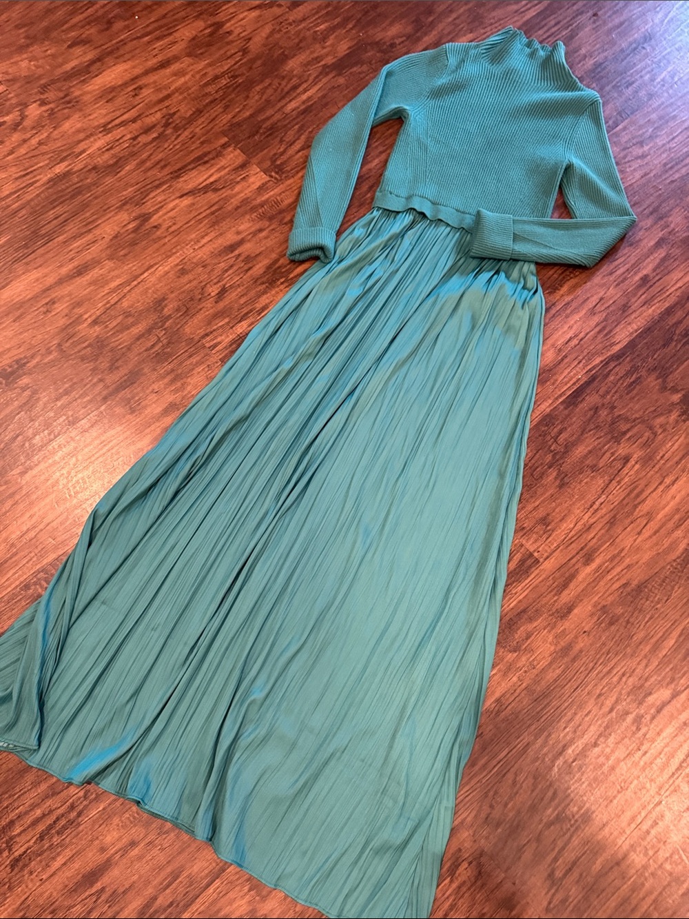 Anthropologie Teal Long-Sleeve Pleated Twofer Maxi Dress